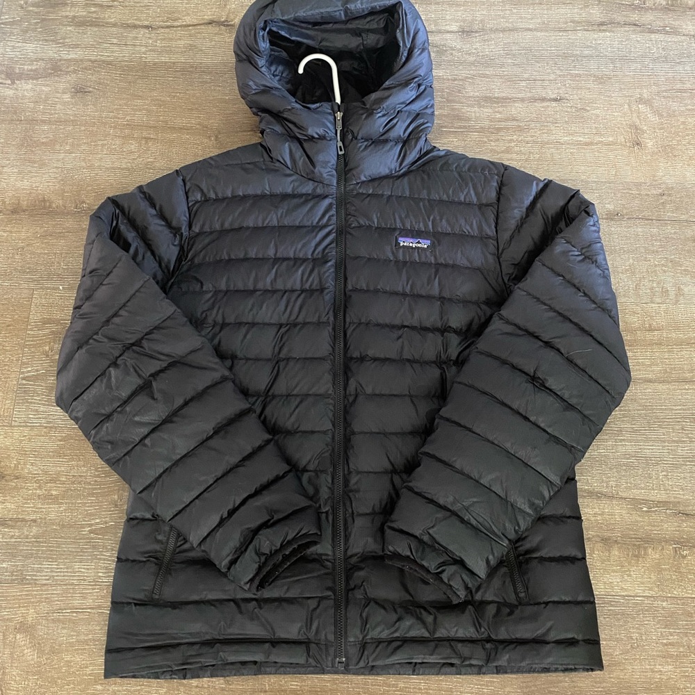Patagonia hooded down sweater, black, men's large